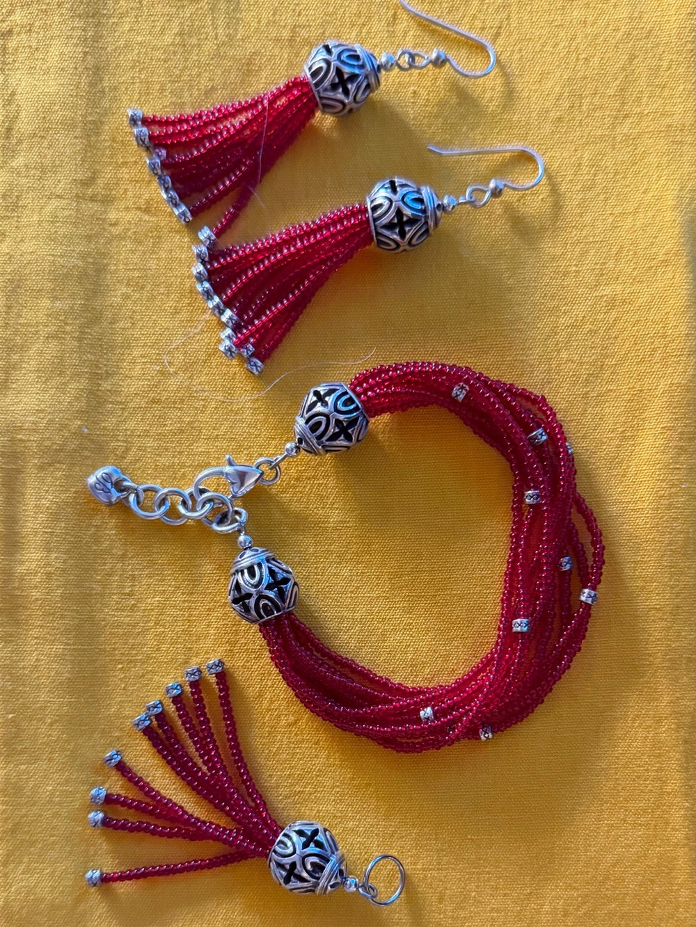 Red Multi-Strand Beaded Bracelet with Silver Accents